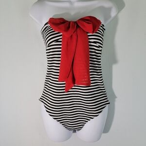 Celine By Champion Women's Strapless One Piece Swimsuit Sz M Black Striped Bow
